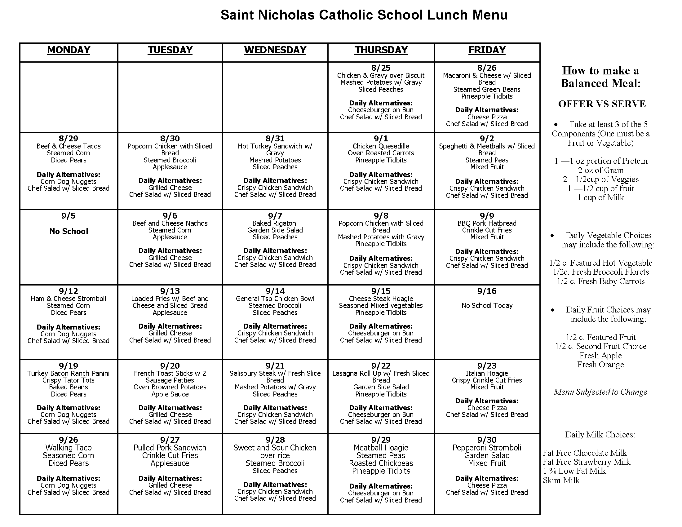 Lunch Menu - St. Nicholas Catholic School