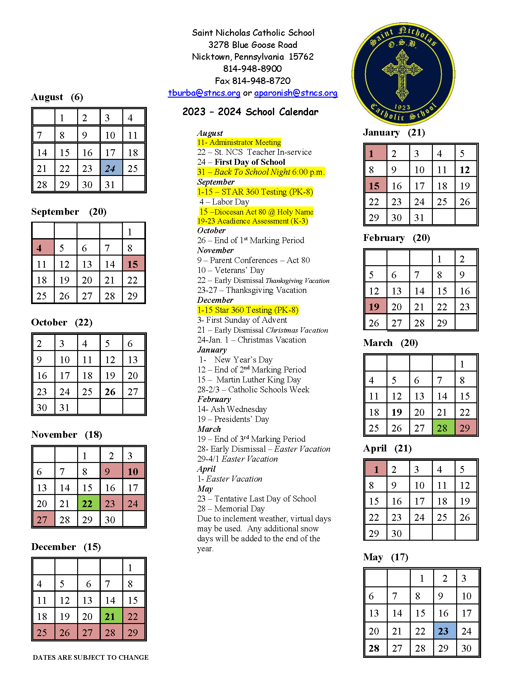 Calendar St. Nicholas Catholic School